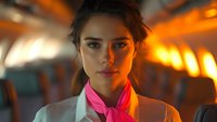 Young female flight attendant in white uniform jacket and pink scarf looking confidently at camera inside airplane cabin with warm orange sunset lighting through windows.