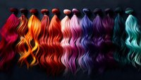 Colorful wavy hair extensions arranged in rainbow spectrum from red to turquoise on dark background, showing different vibrant hair dye colors for salon and beauty industry.