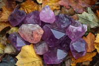 Raw amethyst crystal clusters on autumn maple leaves background, natural purple quartz minerals displaying various shades from light to deep violet.