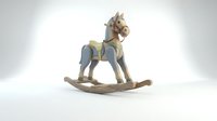 Vintage wooden rocking horse toy in soft blue and beige tones on white background, classic children's decor piece.