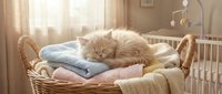 Fluffy ginger kitten sleeping peacefully on folded pastel blankets in wicker basket near crib in sunlit nursery room for baby care and pet lifestyle content.