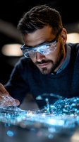 Middle Eastern man wearing smart glasses interacts with futuristic holographic interface displaying glowing blue network connections and digital data visualization.