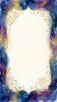 Celestial night sky frame with gold ornamental border, stars, moons, and fireworks on watercolor background, isolated on white space for greeting cards, invitations, posters, and design projects.