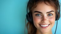 Young woman with freckles and bright blue eyes wearing headphones smiles warmly against turquoise background. Natural beauty portrait capturing joy and authenticity.