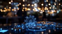 Glowing blue digital technology gear icon with network connections on dark background with bokeh lights, representing digital transformation and AI innovation.