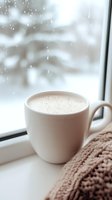 White ceramic cup with hot cocoa on windowsill during winter snowfall, cozy knit blanket nearby creating peaceful morning atmosphere.