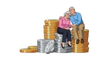 Senior couple sitting on stacks of coins planning retirement savings and financial security for golden years together.
