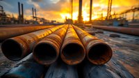 Rusty industrial metal pipes lying on ground at oil refinery during dramatic orange sunset, industrial infrastructure with factory silhouettes in background.