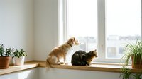 Orange tabby and black cats sitting together on wooden windowsill in bright modern home interior with houseplants for pet lifestyle content.