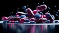 Glowing pink and blue pills scattered on reflective surface with dramatic lighting and water drops creating medical or pharmaceutical atmosphere on black background.