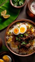 Traditional biryani rice dish with tender meat, soft-boiled eggs, crispy fried onions, and fresh herbs served in clay bowl on banana leaf background.