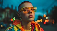 Young woman wearing colorful rainbow striped hoodie and orange sunglasses in urban evening setting with bokeh lights creating vibrant street fashion portrait.