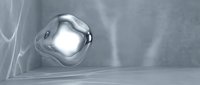 Reflective metallic sphere with liquid mercury-like surface on textured gray background, suitable for tech, science, and abstract design projects.