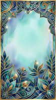 Ornate art deco frame with teal and gold decorative botanical borders, watercolor center space for text, invitations, greeting cards, posters, social media graphics.