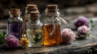 Natural herbal essential oils in glass bottles with cork stoppers and purple clover flowers on rustic wooden surface for aromatherapy and wellness.