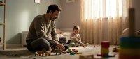 Father and toddler son playing with colorful toys on living room floor in warm sunlight. Family bonding time at home with scattered blocks and educational games.