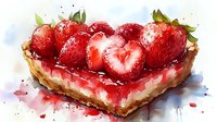 Heart shaped strawberry cheesecake tart with fresh red berries and cream filling on flaky pastry base, watercolor style artwork with dripping juice effect.