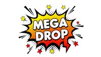 Comic book style burst with MEGA DROP text in bold letters surrounded by explosion effects and stars on white background for promotional designs.