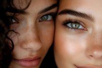 Two young women with natural makeup showcasing healthy glowing skin and expressive eyes in close-up portrait for beauty and skincare concepts.