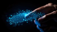 Finger touching glowing blue particles creating magical light effect against dark background, digital transformation concept for business innovation.