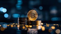 Golden cryptocurrency coin stacked on pile of coins with blurred blue bokeh background and reflection on dark glossy surface. Digital money concept.