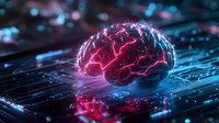 Glowing pink brain on circuit board with electric neural connections emits neon light against dark tech background, representing artificial intelligence and machine learning.