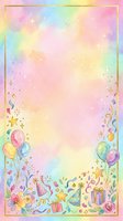 Pastel rainbow watercolor birthday party frame with balloons, gifts, confetti and stars for celebration invitations and greeting cards.