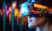 Woman wearing virtual reality headset with financial charts and data visualization projected on display, illuminated by vibrant blue and orange glow against dark background.