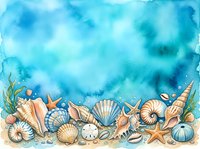 Watercolor ocean border with seashells, starfish, sand dollars and coral on blue background for summer beach themed designs and coastal decorations.