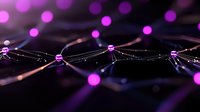 Glowing purple nodes connected by dark lines create futuristic network visualization against black background, representing digital connectivity and data flow.