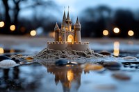 Illuminated sandcastle with towers and spires reflecting in shallow water at dusk, with glowing bokeh lights creating magical atmosphere. For fairy tale concepts.