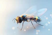 Macro photography of metallic blue and gold hover fly against soft pastel background with bokeh lights, showcasing delicate wings and detailed insect anatomy.