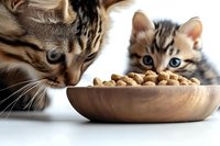 Adult tabby cat and curious kitten looking at dry cat food in wooden bowl on white background, close up macro shot of pets during feeding time.