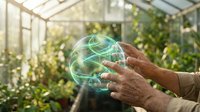 Senior male hands holding glowing digital globe with network connections in modern greenhouse, representing sustainable agriculture technology and smart farming innovation.