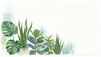 Watercolor tropical houseplants border with monstera, snake plant and rubber tree leaves on white background for home decor and botanical design projects.