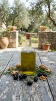 Bottle of golden olive oil with fresh olives and walnuts arranged on rustic wooden table in Mediterranean garden setting with olive trees and terracotta pots.