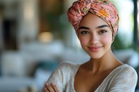Young mixed-race woman wearing colorful floral headwrap and cream sweater smiling warmly at camera in bright modern interior space for lifestyle content.
