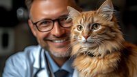 Middle-aged Caucasian man with glasses smiling while holding ginger long-haired cat, showing bond between pet owner and feline companion in cozy home setting.