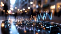 Holographic stock market chart with upward trending line displayed over urban street with blurred city lights and buildings, representing financial growth, investment analysis, and digital trading data visualization.
