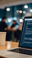 Laptop displaying programming code on screen in modern office environment with blurred background lights and workspace atmosphere for software development.