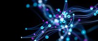 Abstract digital network with glowing nodes and flowing data streams in blue and purple colors on black background for technology presentations.