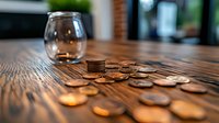 Scattered coins on wooden table with glass in background, warm lighting creates dramatic shadows and textures. Financial concept showing savings and money.