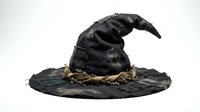 Old weathered black witch hat with rope band isolated on white background for Halloween costume and magical themed designs.