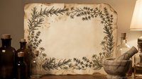Vintage botanical frame with hand-drawn herbs and flowers on aged paper, surrounded by apothecary bottles and mortar pestle for natural medicine design.