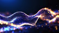Glowing wave of particles with orange and blue light effects on dark background, abstract digital visualization showing flowing motion and connectivity.