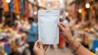 Unrecognizable person holding blank white pouch with zipper in busy marketplace setting, displaying packaging for food, tea, coffee, or retail products for branding and marketing purposes.