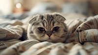 Adorable Scottish Fold cat with folded ears peeks out from soft beige bedding, creating cozy home atmosphere. Close up portrait shows characteristic round face and expressive eyes.