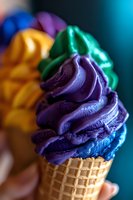 Vibrant rainbow swirled soft serve ice cream in waffle cone against turquoise background, featuring purple, blue, green, and golden colors with creamy texture.