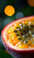 Fresh passion fruit close-up with juicy pulp, seeds and bright bokeh lights in background, macro food photography showing texture and natural glow.
