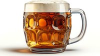 Traditional dimpled glass beer mug filled with golden lager or ale showing foam head and condensation droplets on clear glass surface against white background.